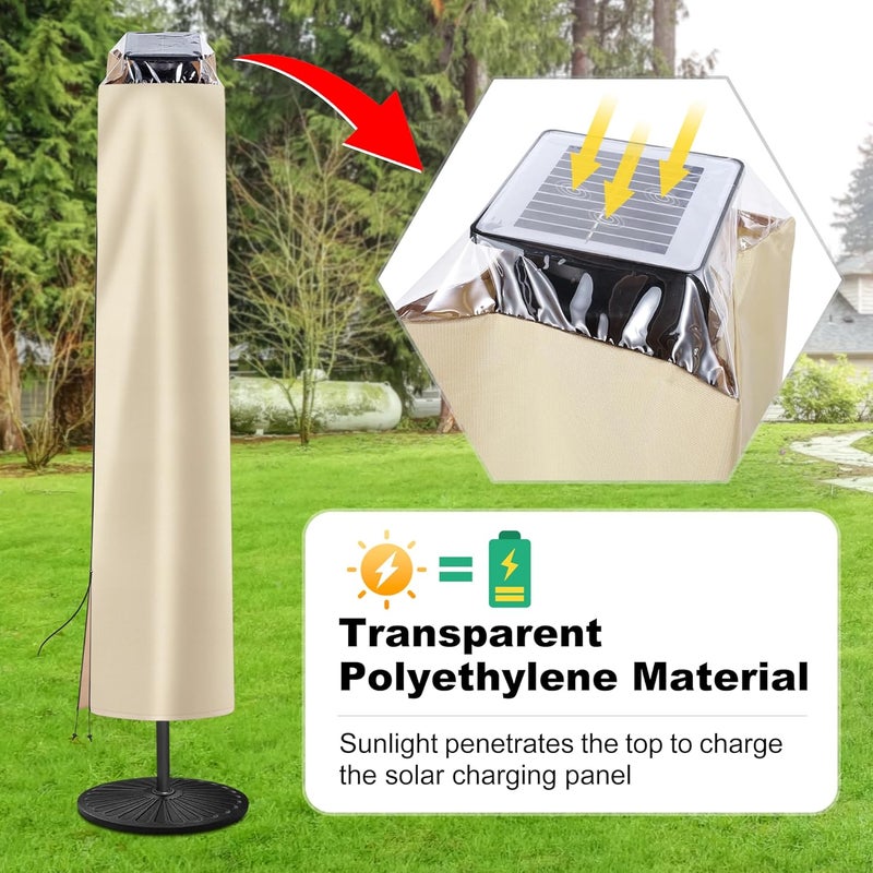 AckMizz Solar Patio Umbrella Cover - Solar Outdoor Umbrella Covers with Folding Rod, Transparent Top Oxford, Parasol Cover For 7.5ft 9ft 10ft 11ft LED Light Table Umbrella (Beige) - Image 2
